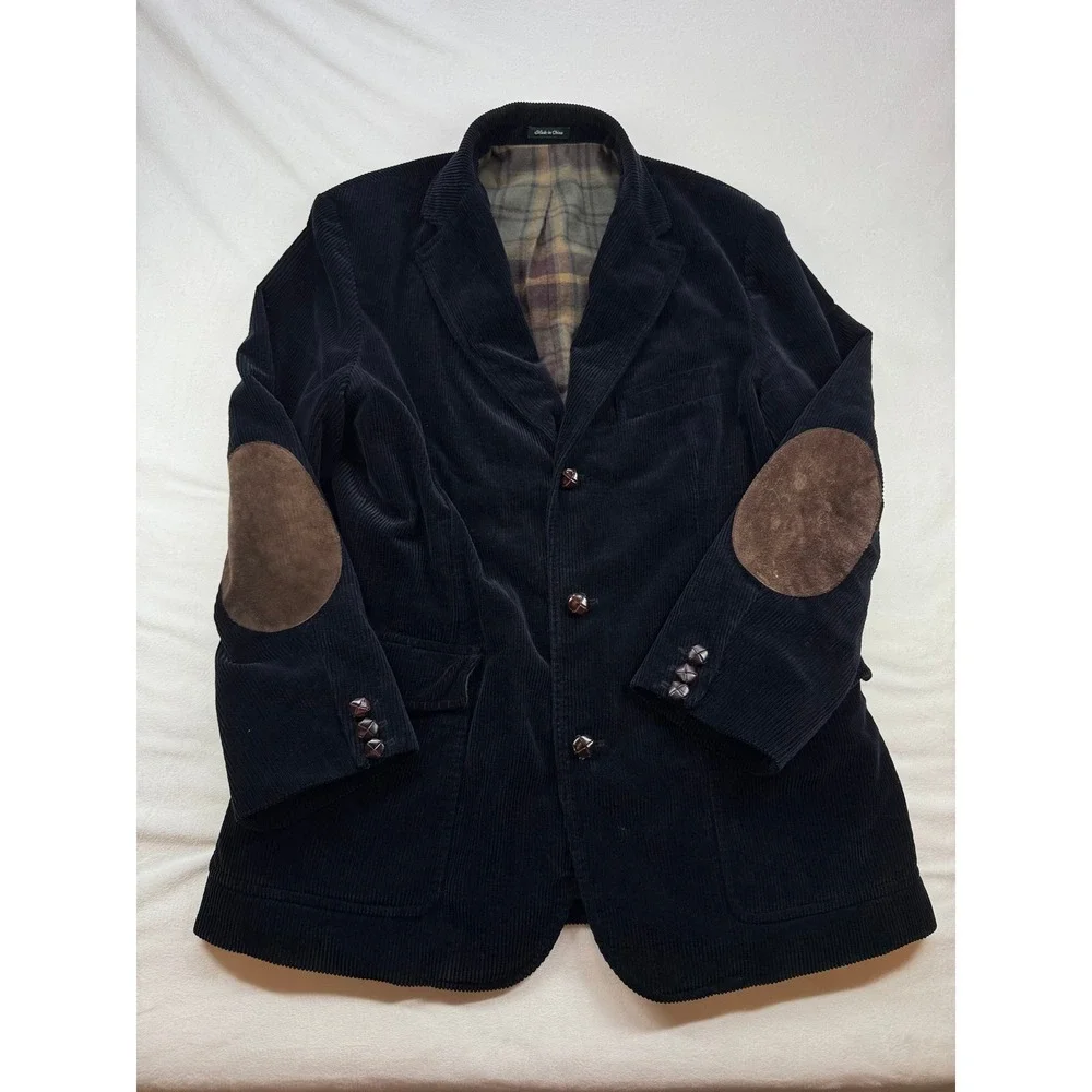 J.Crew Mens Navy Blue Black Corduroy Blazer Elbow Patches Plaid Flannel Lining M